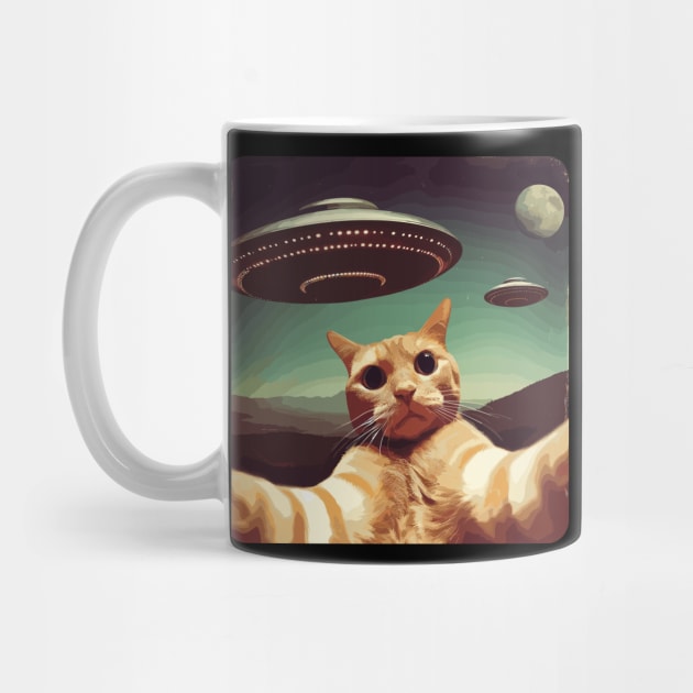 Funny Cat In Space Selfie With UFOs Behind by KromADesign